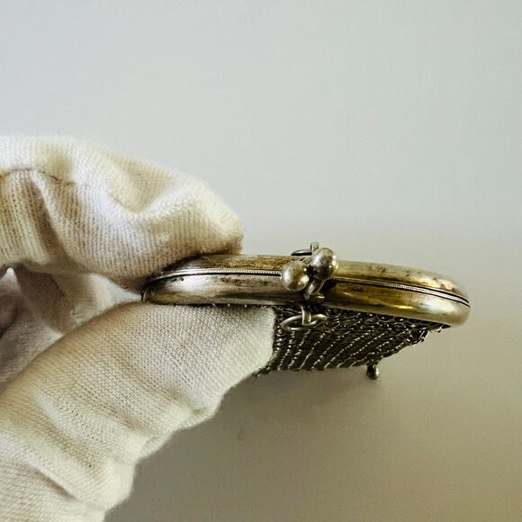 Antique French Art Deco Chainmail Mesh Silver Tassel Fringe Ball Coin Wallet - Picture 2 of 3
